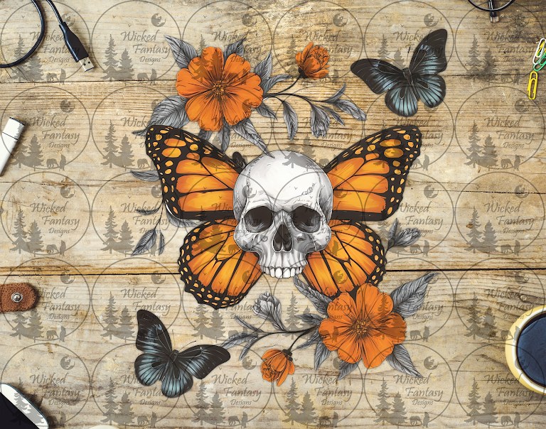 UVDTF Monarch Butterfly and Skull with Flowers