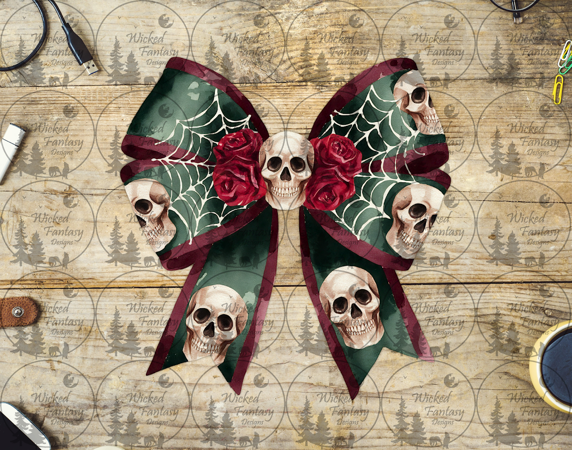 UVDTF Burgundy Bow with Skulls and Roses