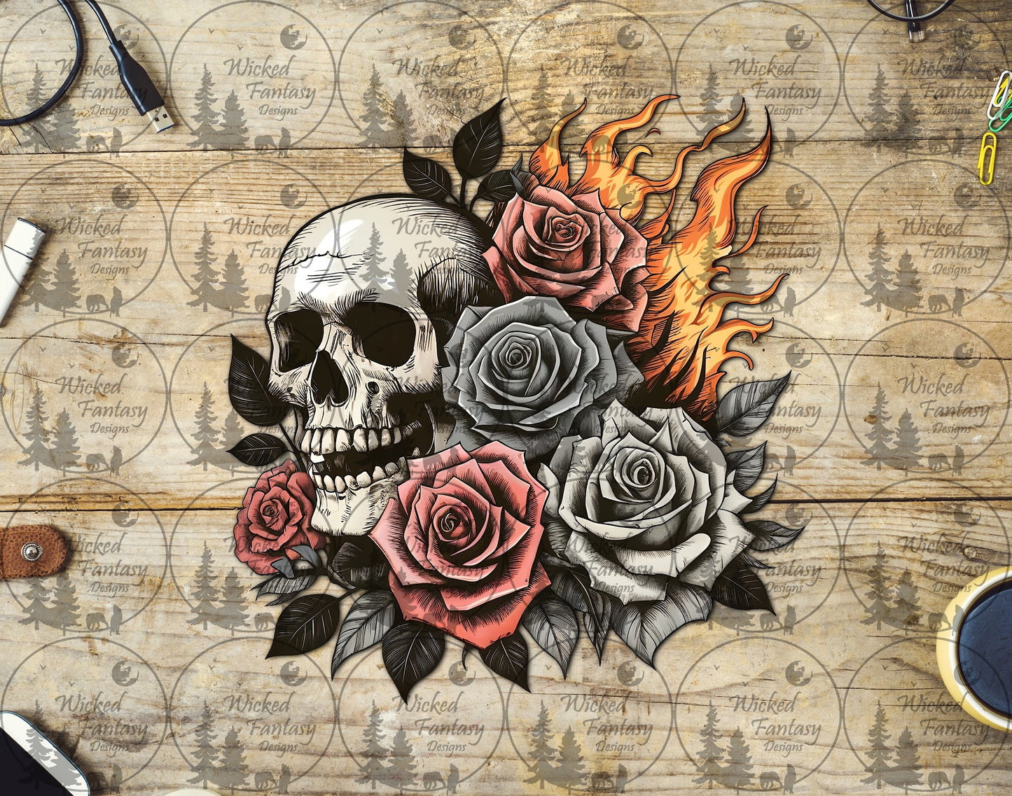 UVDTF Skull with Roses and Flames