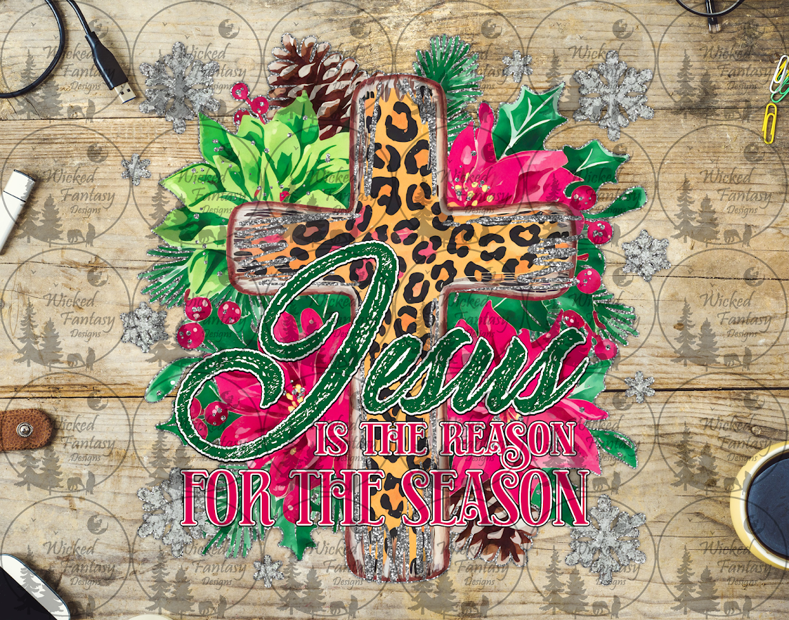 UVDTF Jesus is the Reason for the Season Leopard Cross and Poinsettias