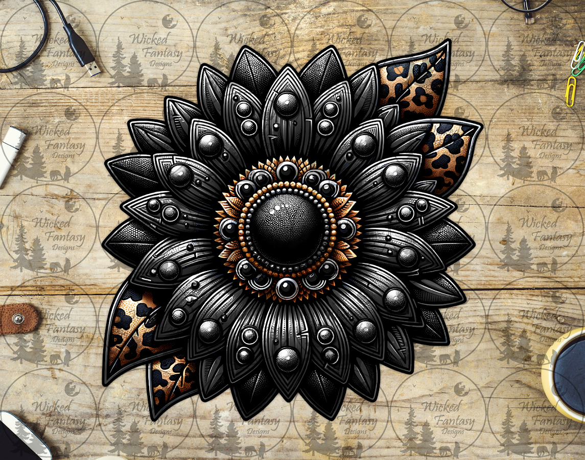 UVDTF Black Sunflower with Leopard Leaves