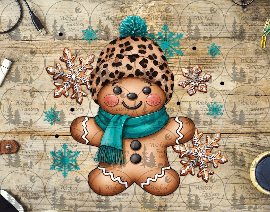 UVDTF Gingerbread Man with Leopard Beanie and Teal Scarf
