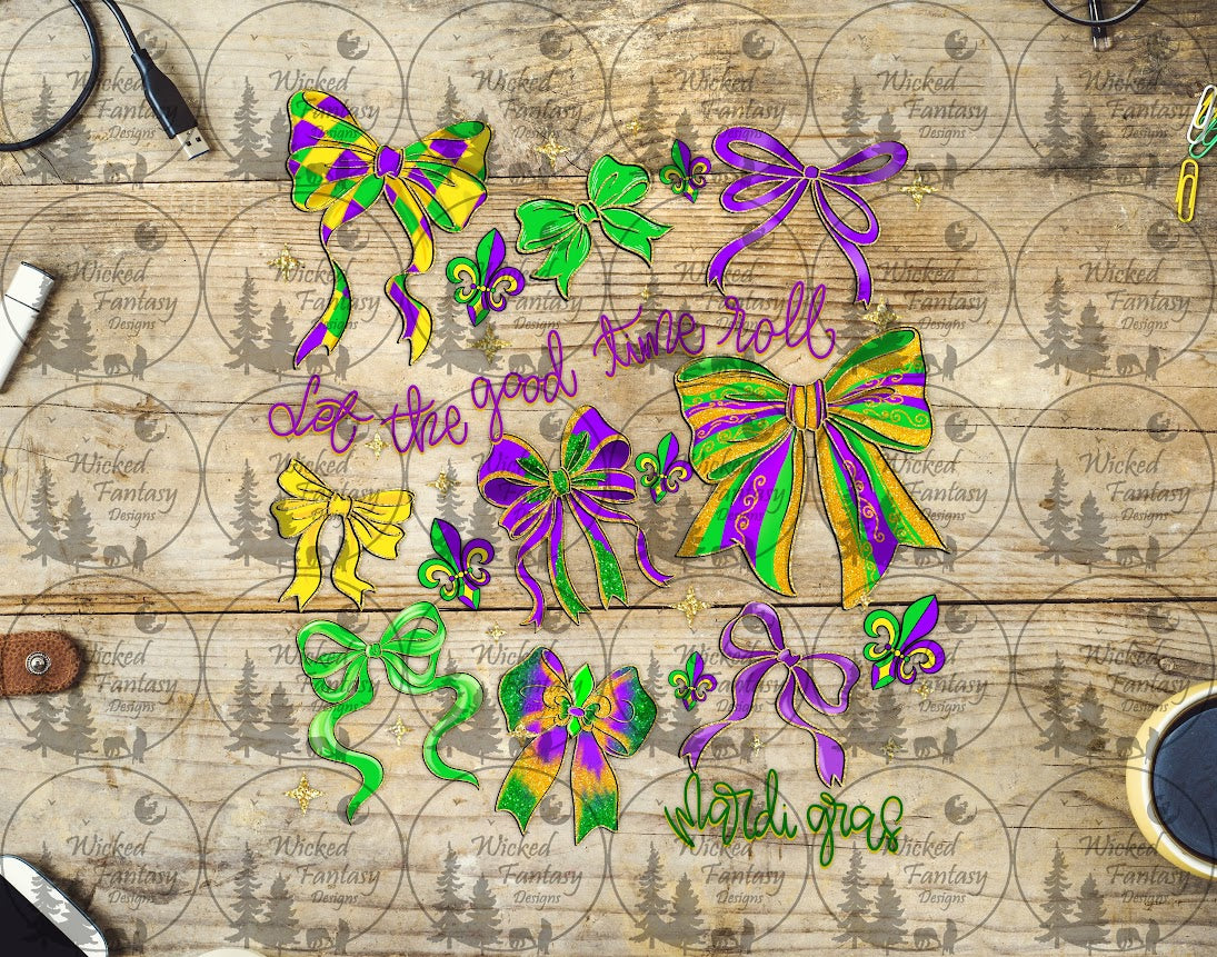 UVDTF Let The Good Time Roll Mardi Gras Bows Element 7"x9"