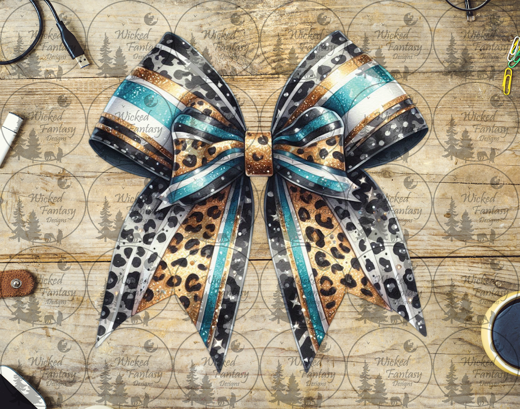UVDTF Leopard Print Bow with Teal and Gold