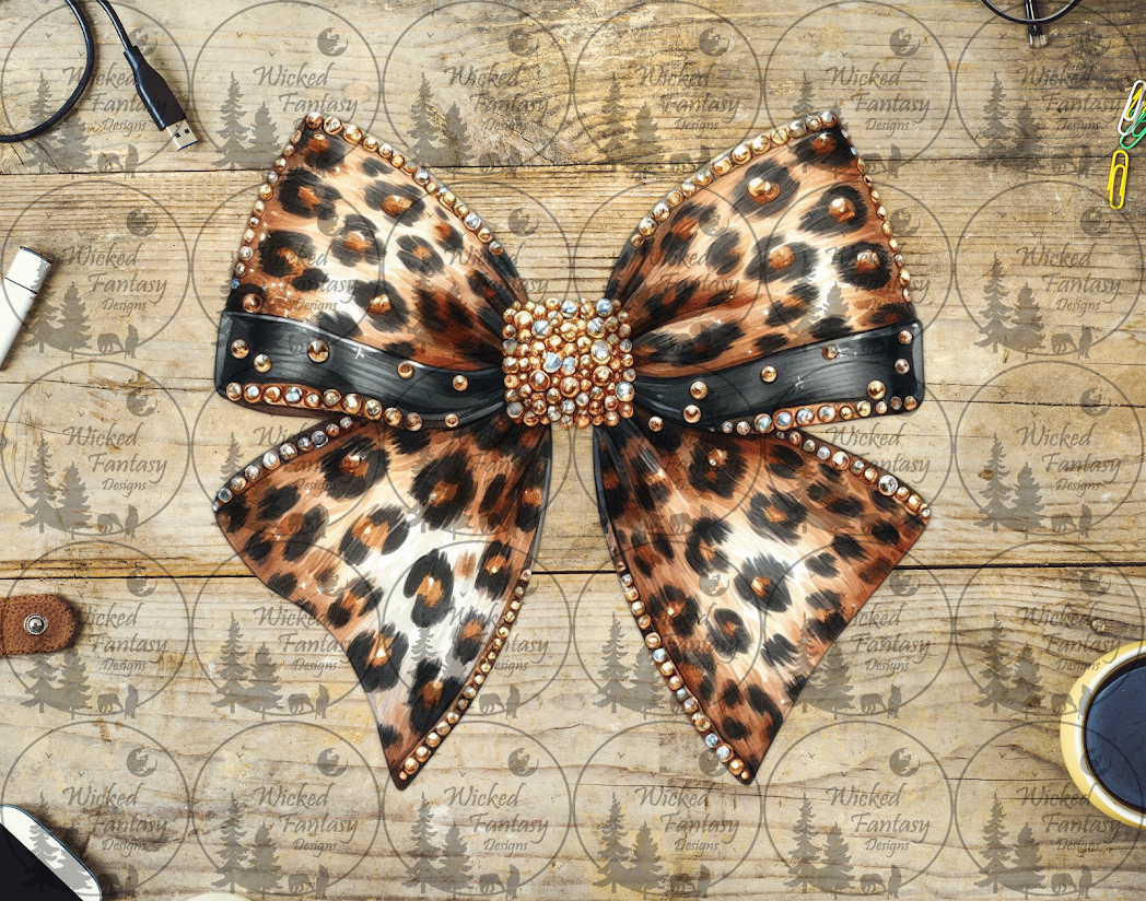 UVDTF Jeweled Leopard Print Bow with Black Ribbons