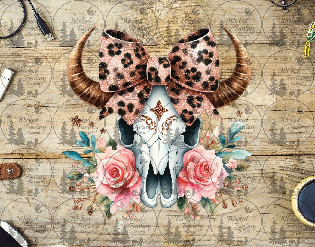 UVDTF Cow Skull with Leopard Print Bow