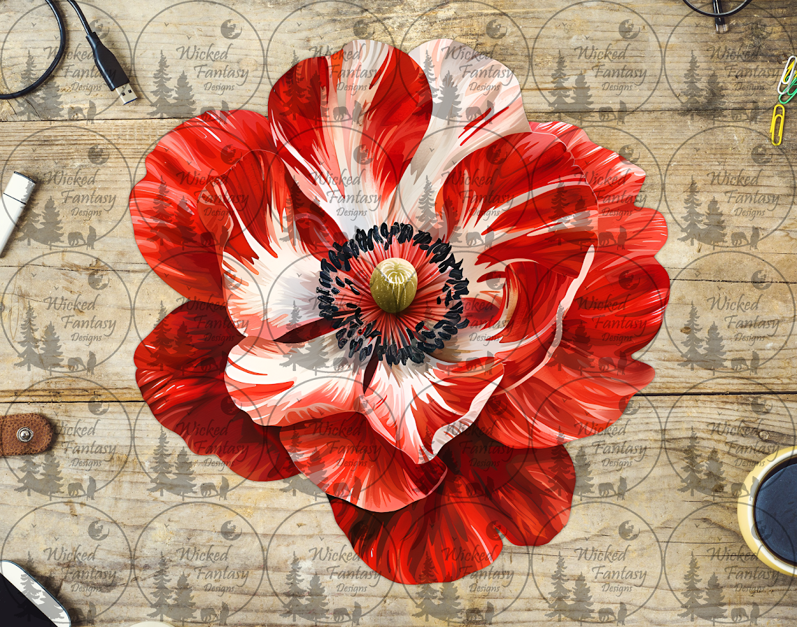 UVDTF Red and White Variegated Flower