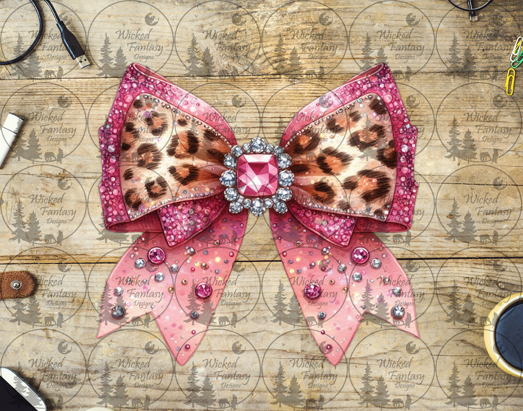 UVDTF Pink Jeweled Bow with Leopard Print