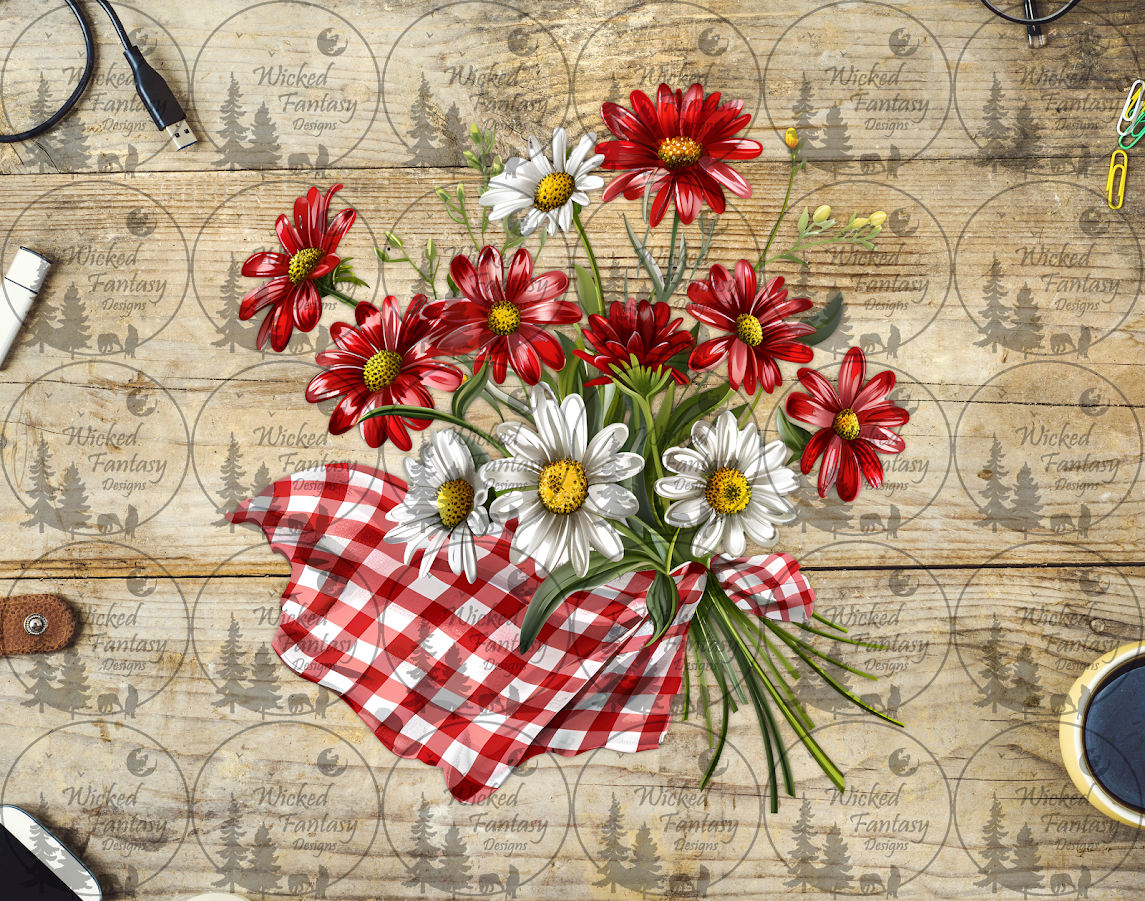 UVDTF Red and White Daisies and Plaid Cloth – Wicked Fantasy Designs