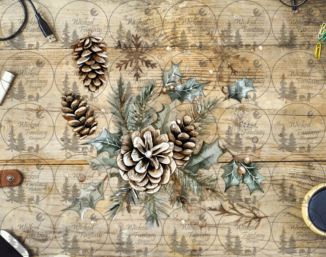 UVDTF Pine Cones Holly and Evergreen Branches