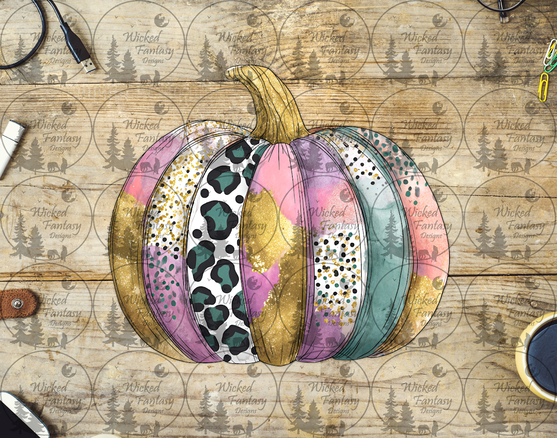 UVDTF Sage Gold and Pink Colorful Grunge Leopard Print Pumpkin
