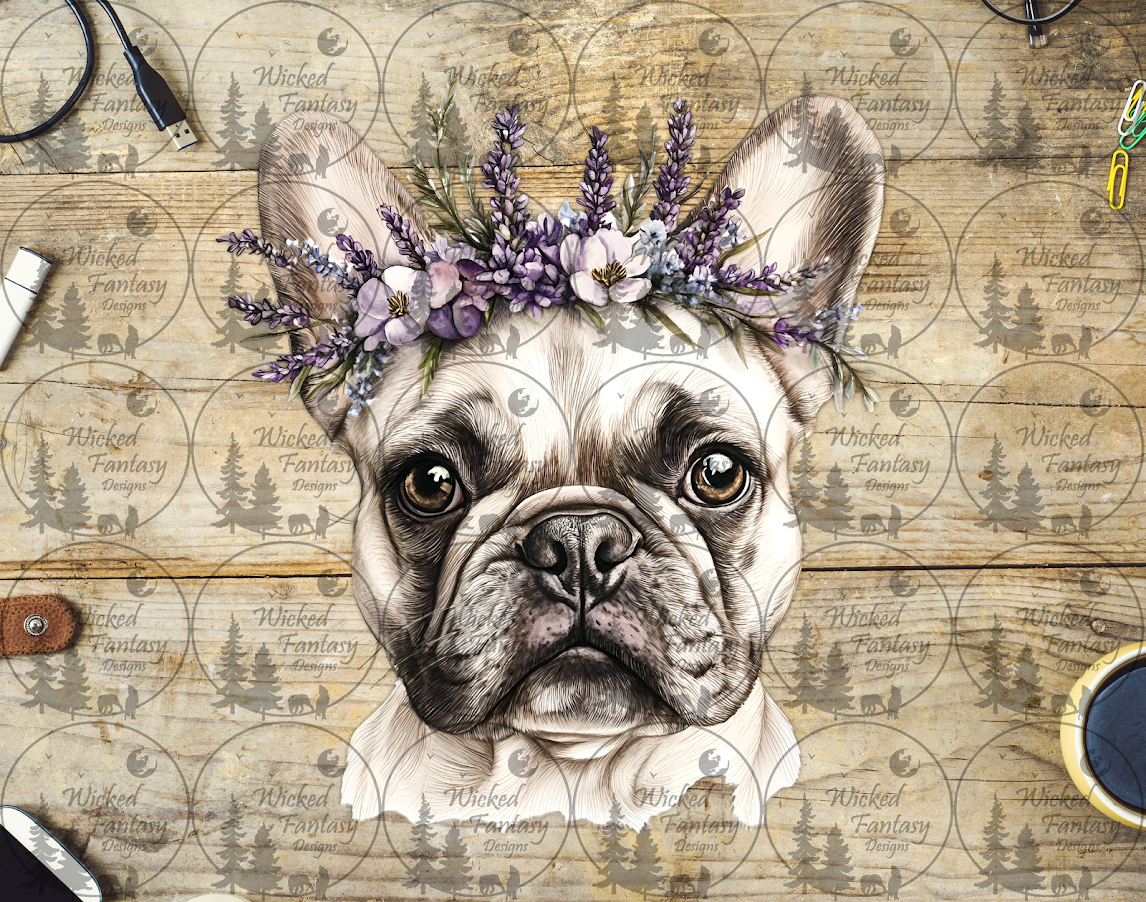 UVDTF Cute French Bulldog with Lavender Flowers – Wicked Fantasy Designs