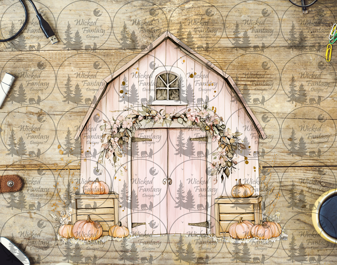 UVDTF Pink Barn with Pumpkins