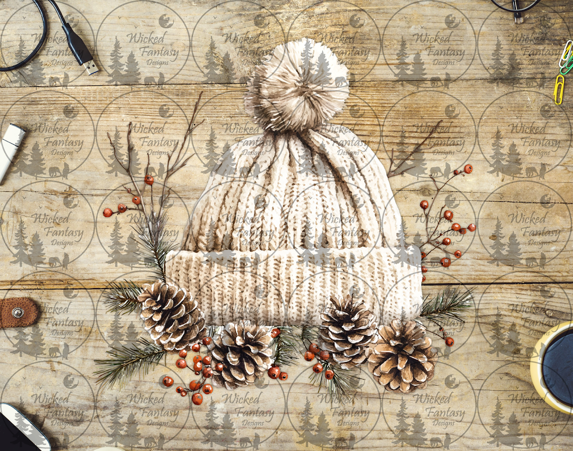 UVDTF White Beanie and Pine Cones
