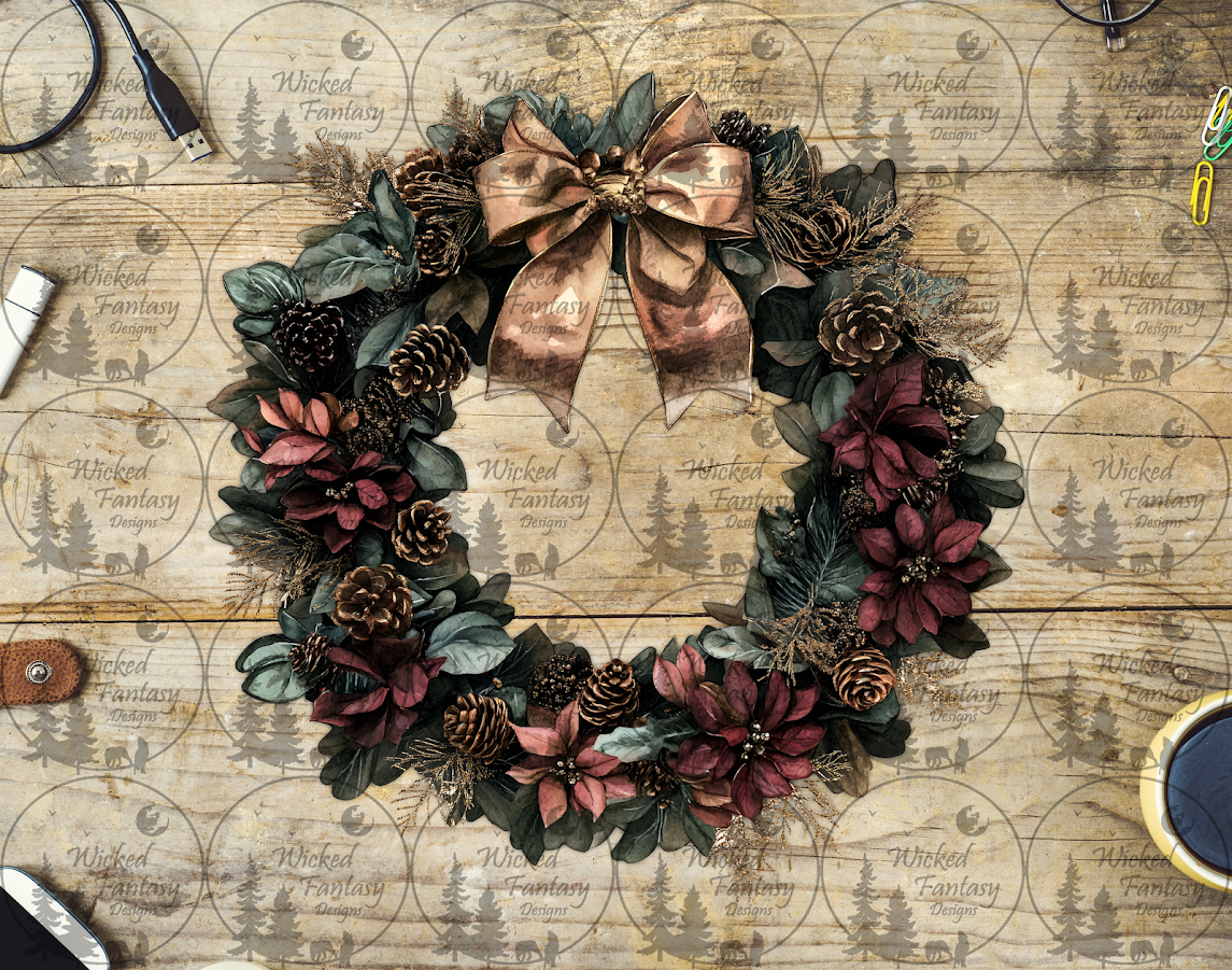 UVDTF Burgundy Poinsettia Wreath with Pinecones