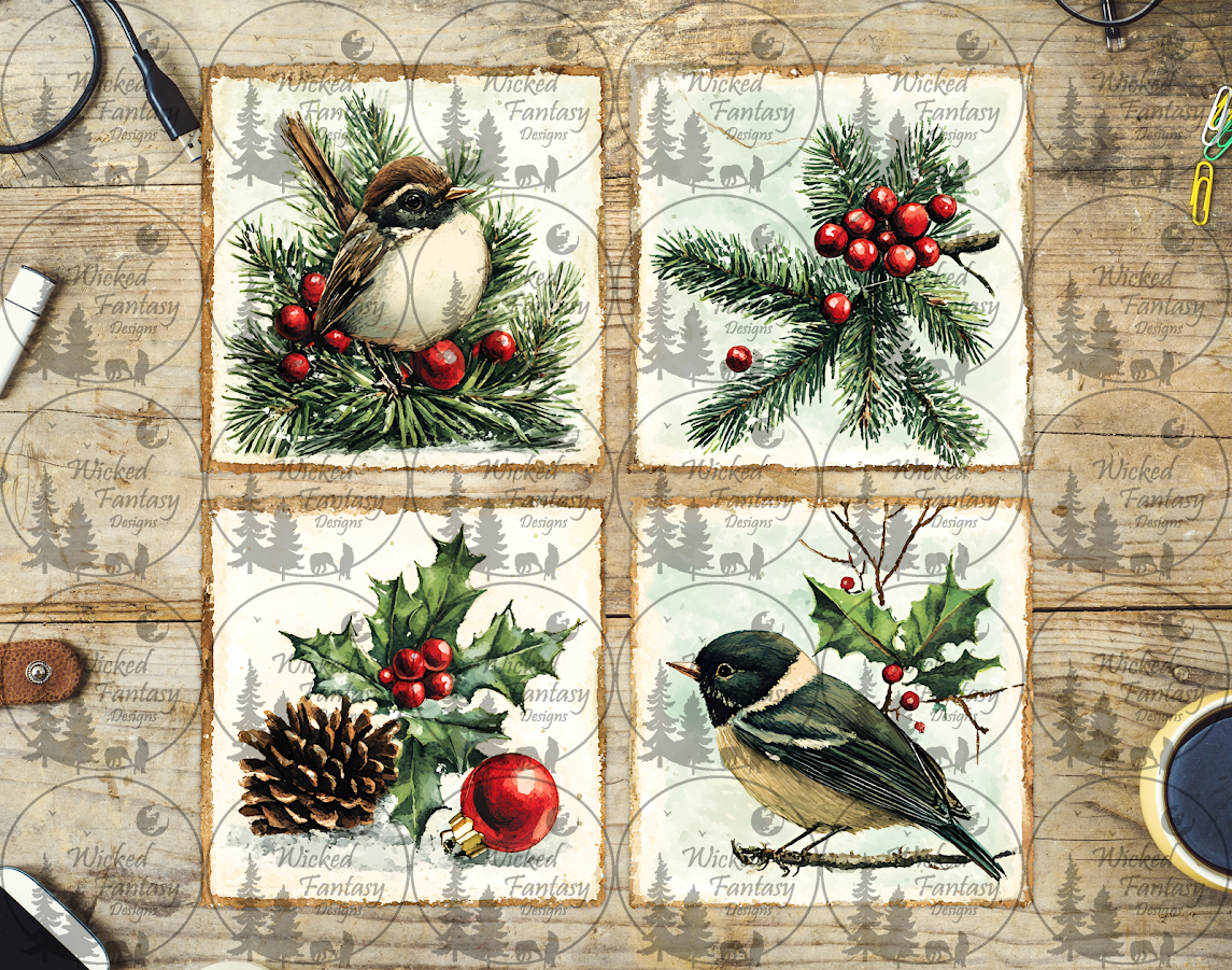 UVDTF Winter Tiles with Birds and Holly
