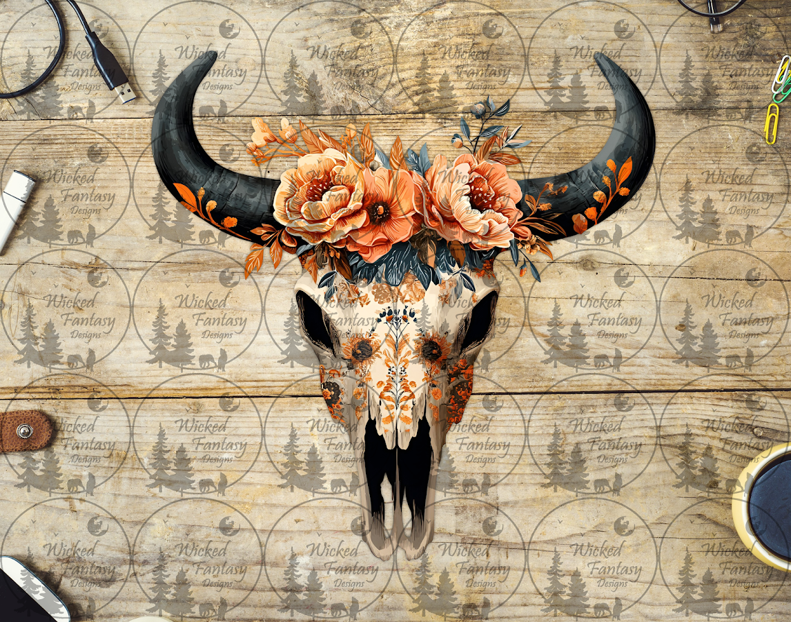 UVDTF Cow Skull with Orange Flowers – Wicked Fantasy Designs