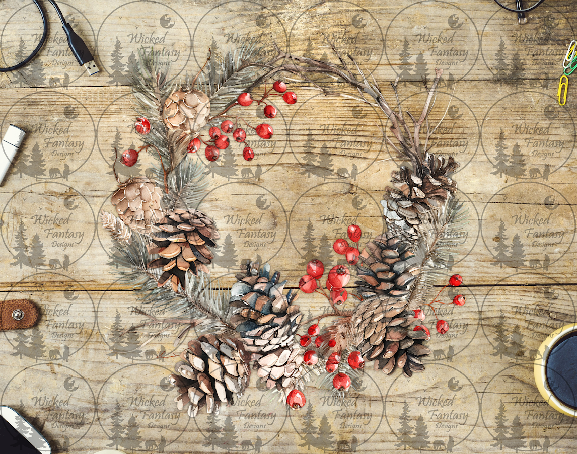 UVDTF Pinecone and Holly Berry Wreath