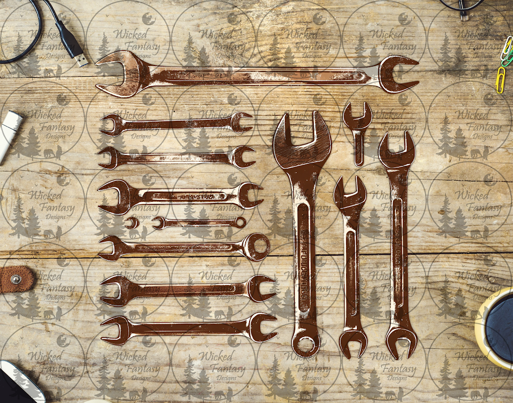 UVDTF Rust Coated Wrenches 20oz 30oz 10"x10" Element