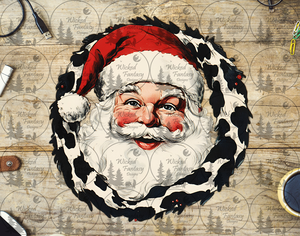 UVDTF Vintage Santa with Cow Print Wreath