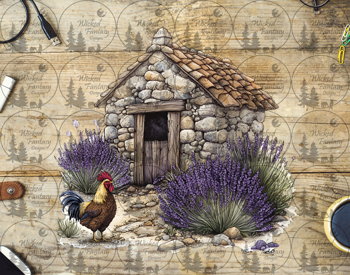 UVDTF Rooster Next to Lavender and Shed