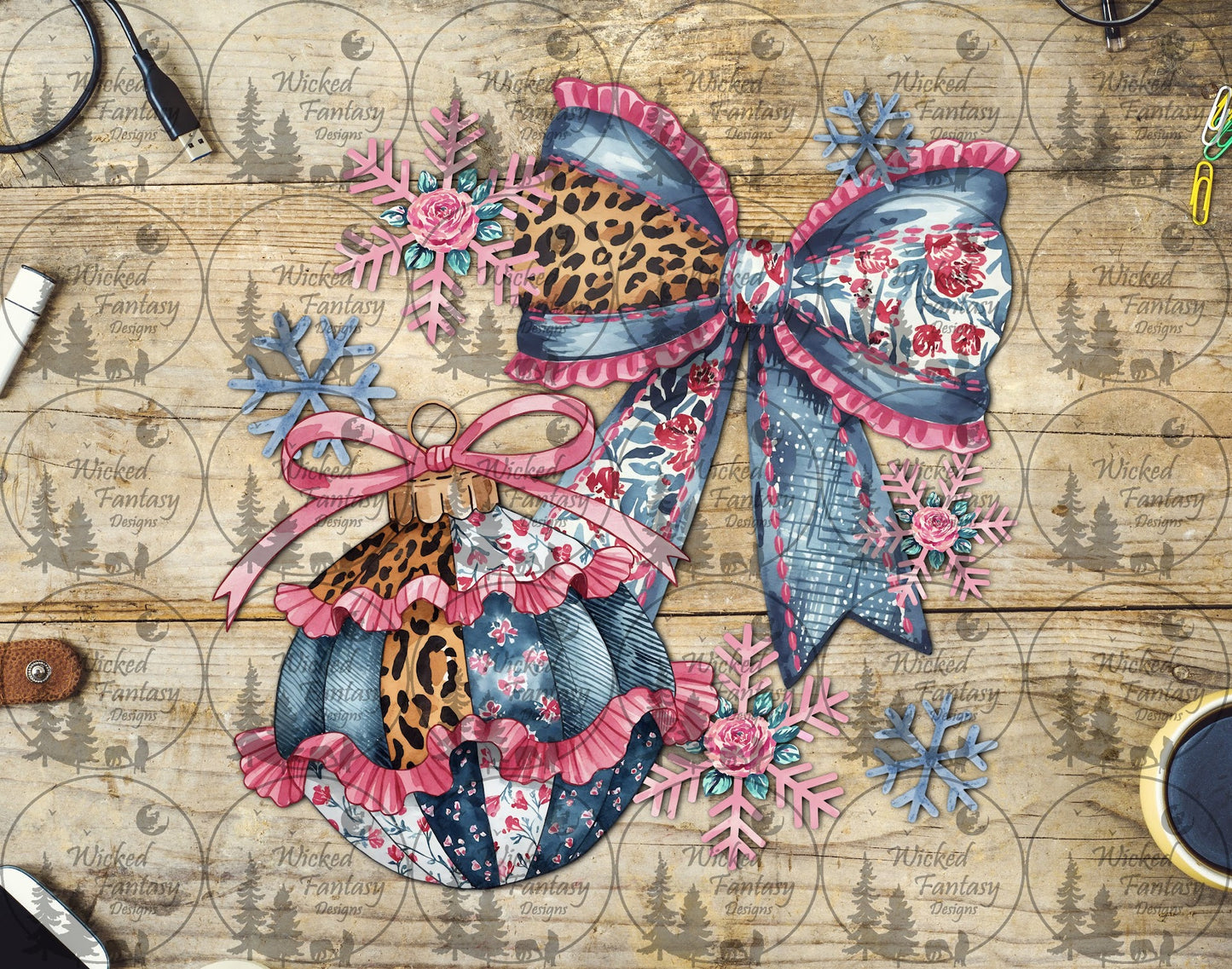 UVDTF Patchwork Quilted Denim and Leopard Ornament and Bow