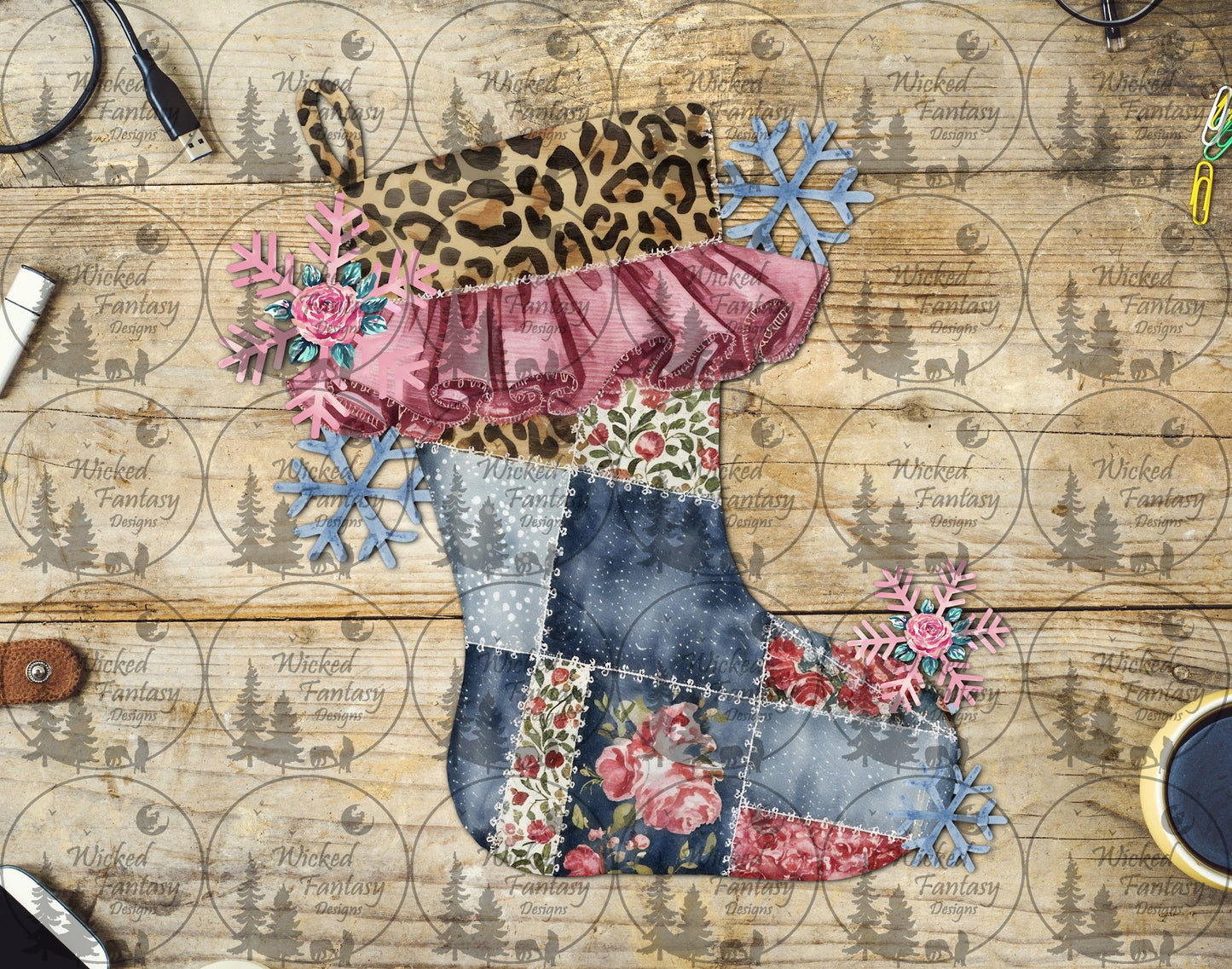 UVDTF Patchwork Quilted Denim and Leopard Stocking