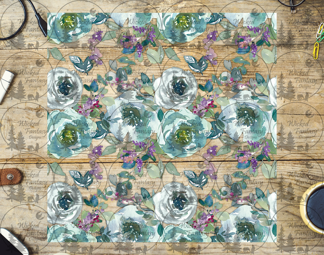 UVDTF Watercolor Teal Flowers 20oz 30oz 10"x10" Element