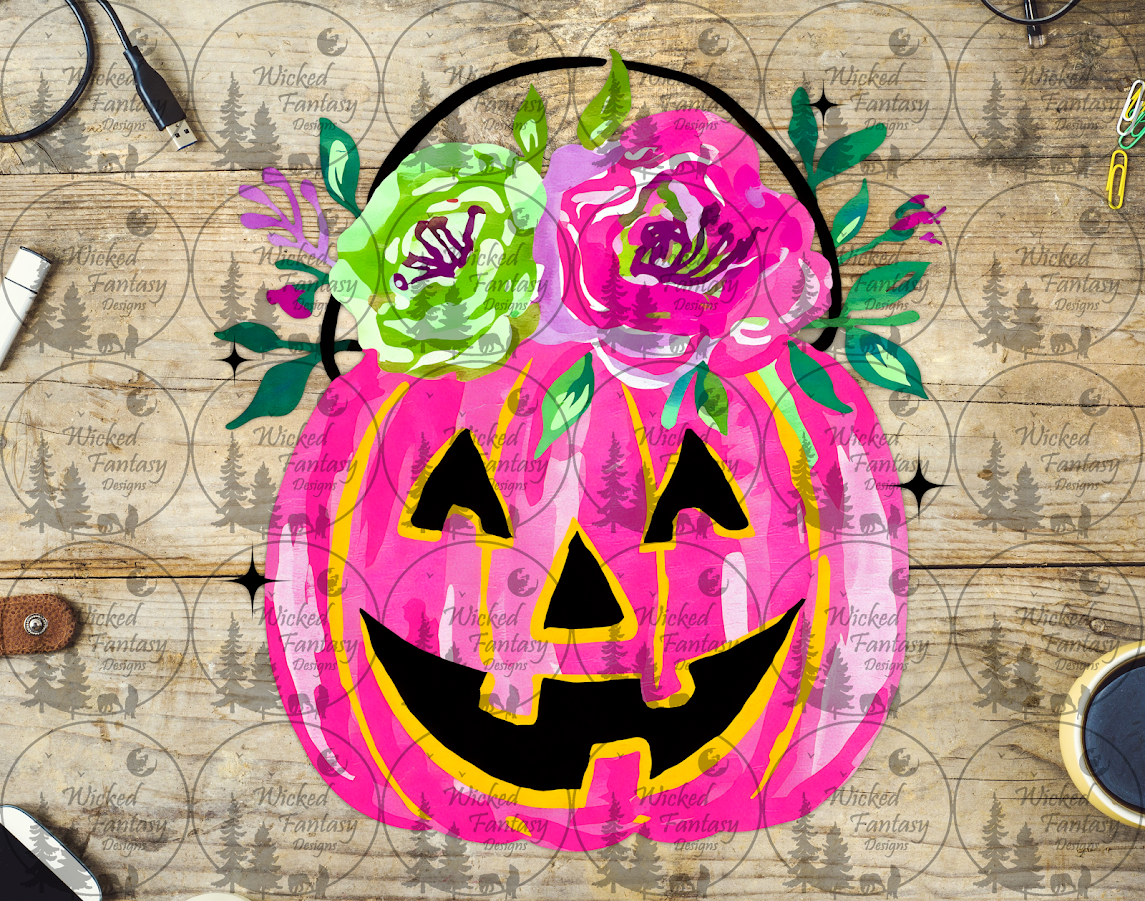 UVDTF Pink Jack O' Lantern Bucket with Pink and Green Flowers