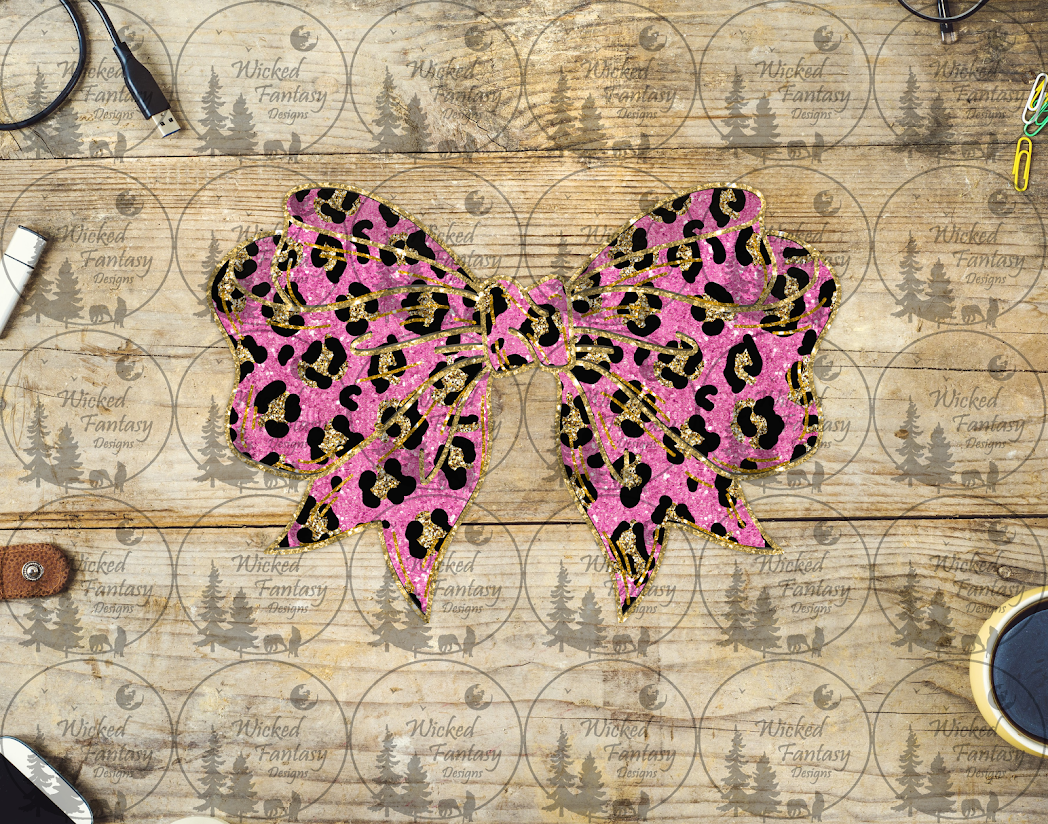 UVDTF Pink Leopard Print Bow with Gold Outline