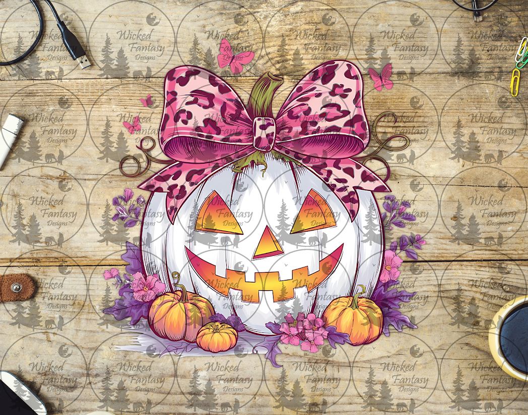 UVDTF White Jack O' Lantern with Pink Leopard Bow
