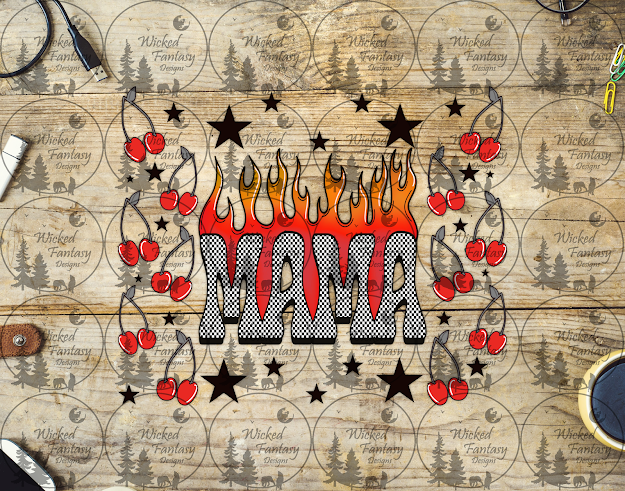 UVDTF Mama Checkered Flames and Cherries 20oz 30oz 10"x10" Element
