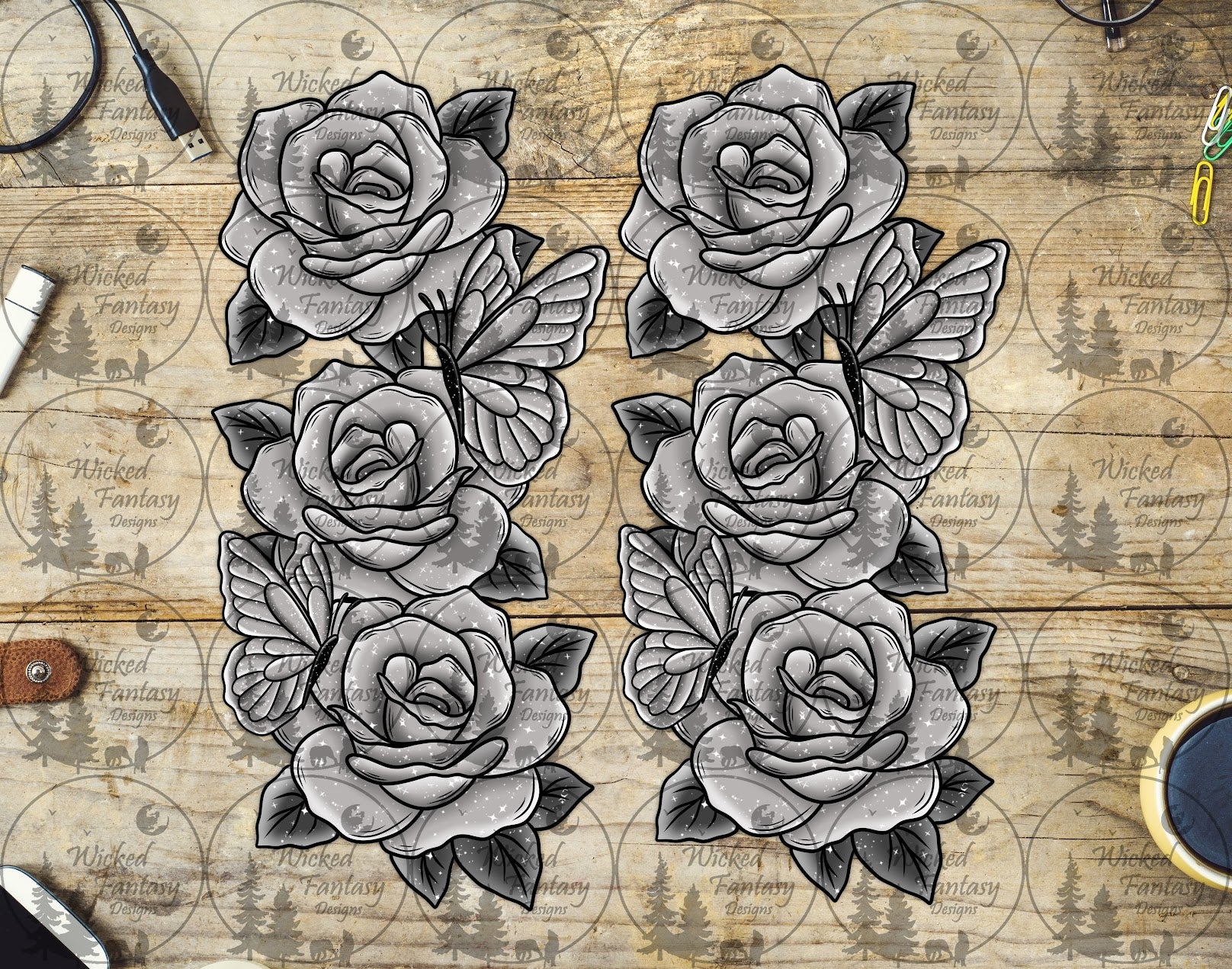UVDTF Grey Roses and Butterflies – Wicked Fantasy Designs