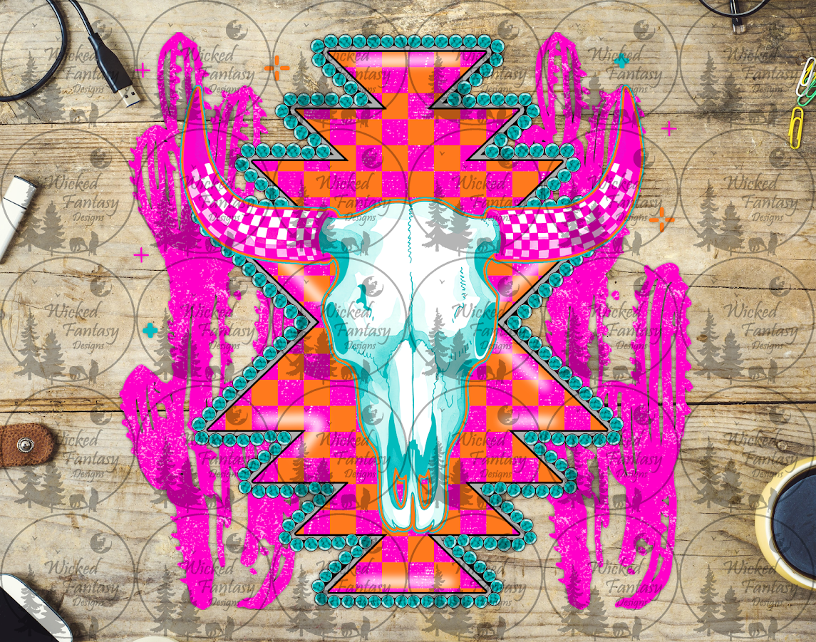 UVDTF Hot Pink Checkered Cow Skull – Wicked Fantasy Designs