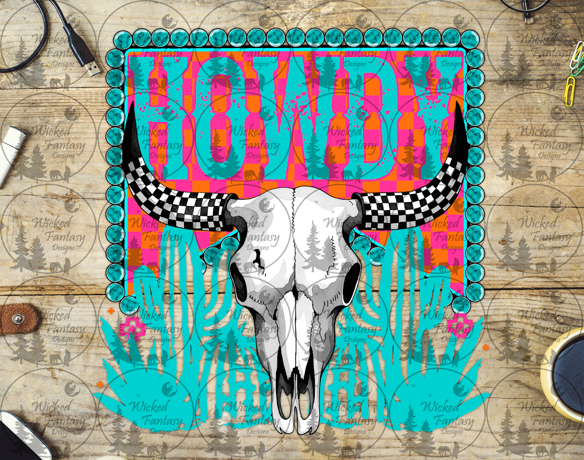 UVDTF Howdy Aqua Checkered Cow Skull