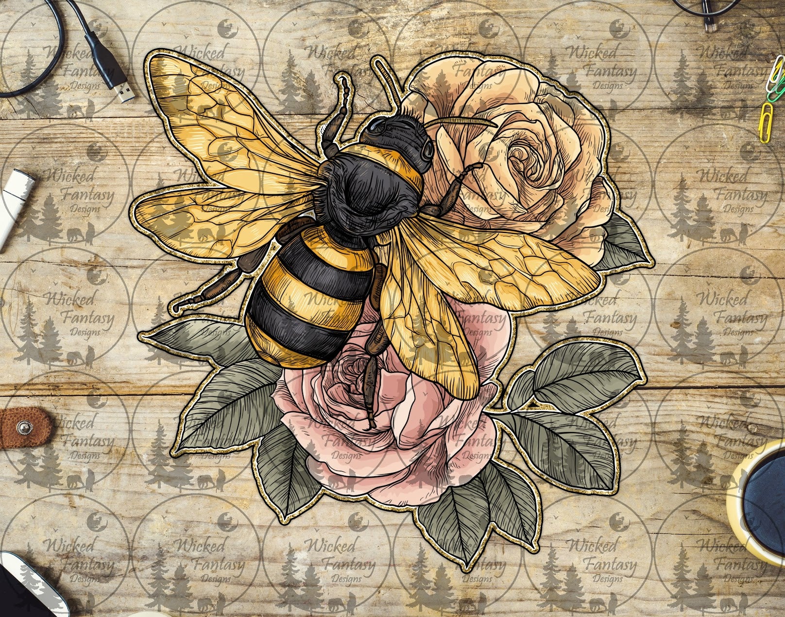 UVDTF Bee and Roses – Wicked Fantasy Designs