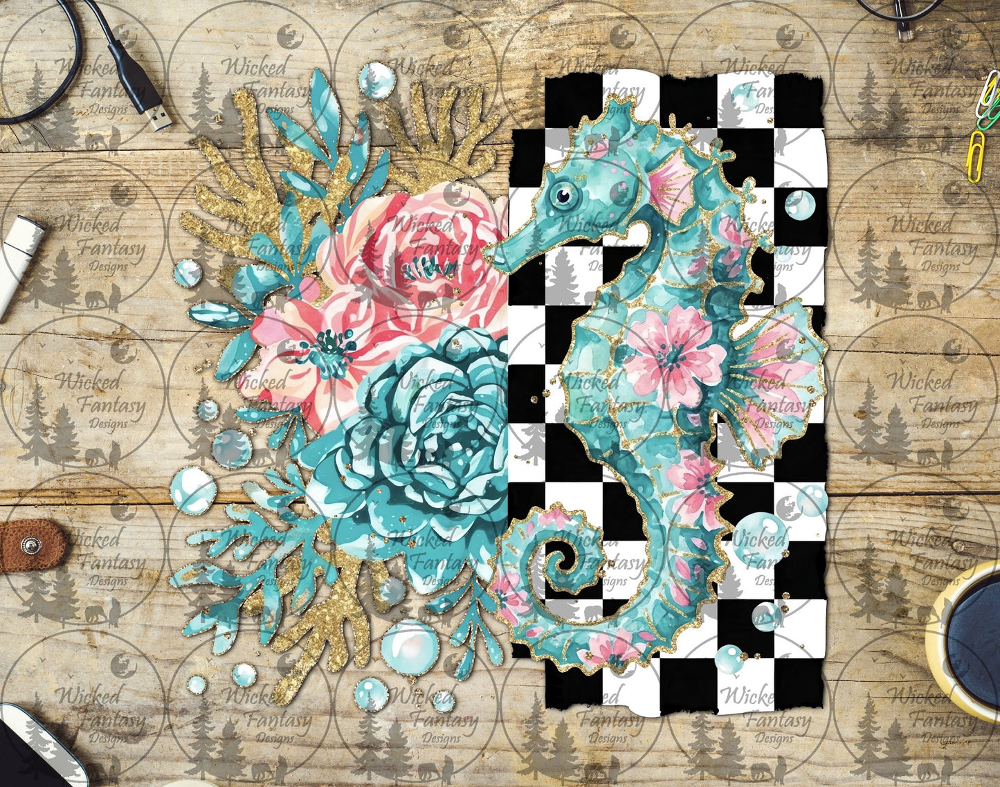 UVDTF Checkered Floral Sea Horse