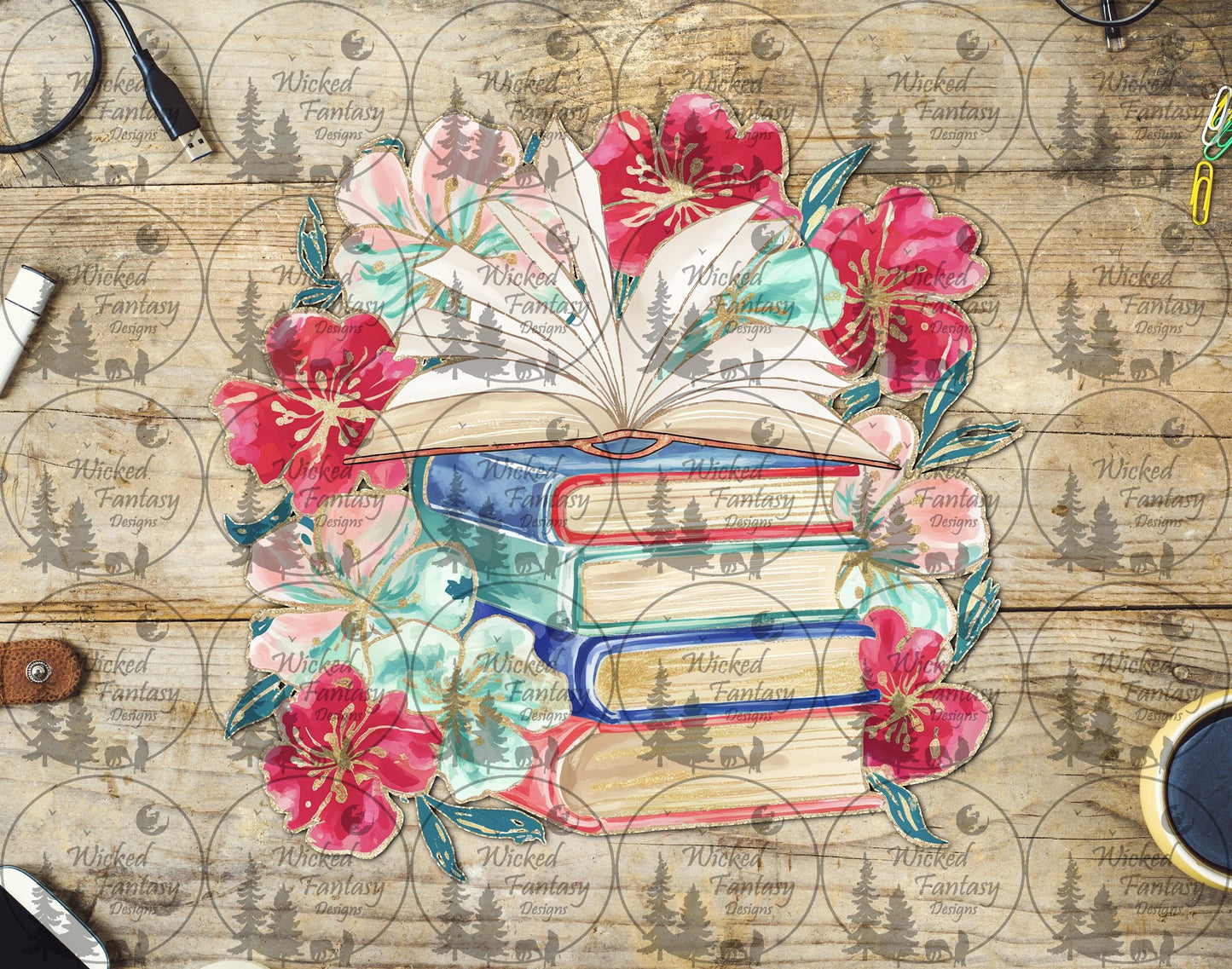 UVDTF Book Stack and Pink Florals