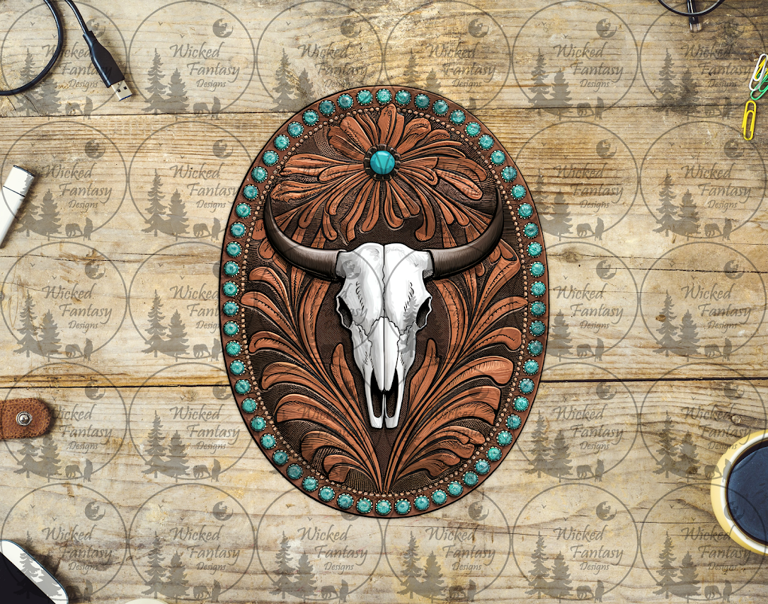 UVDTF Cow Skull and Tooled Leather Concho