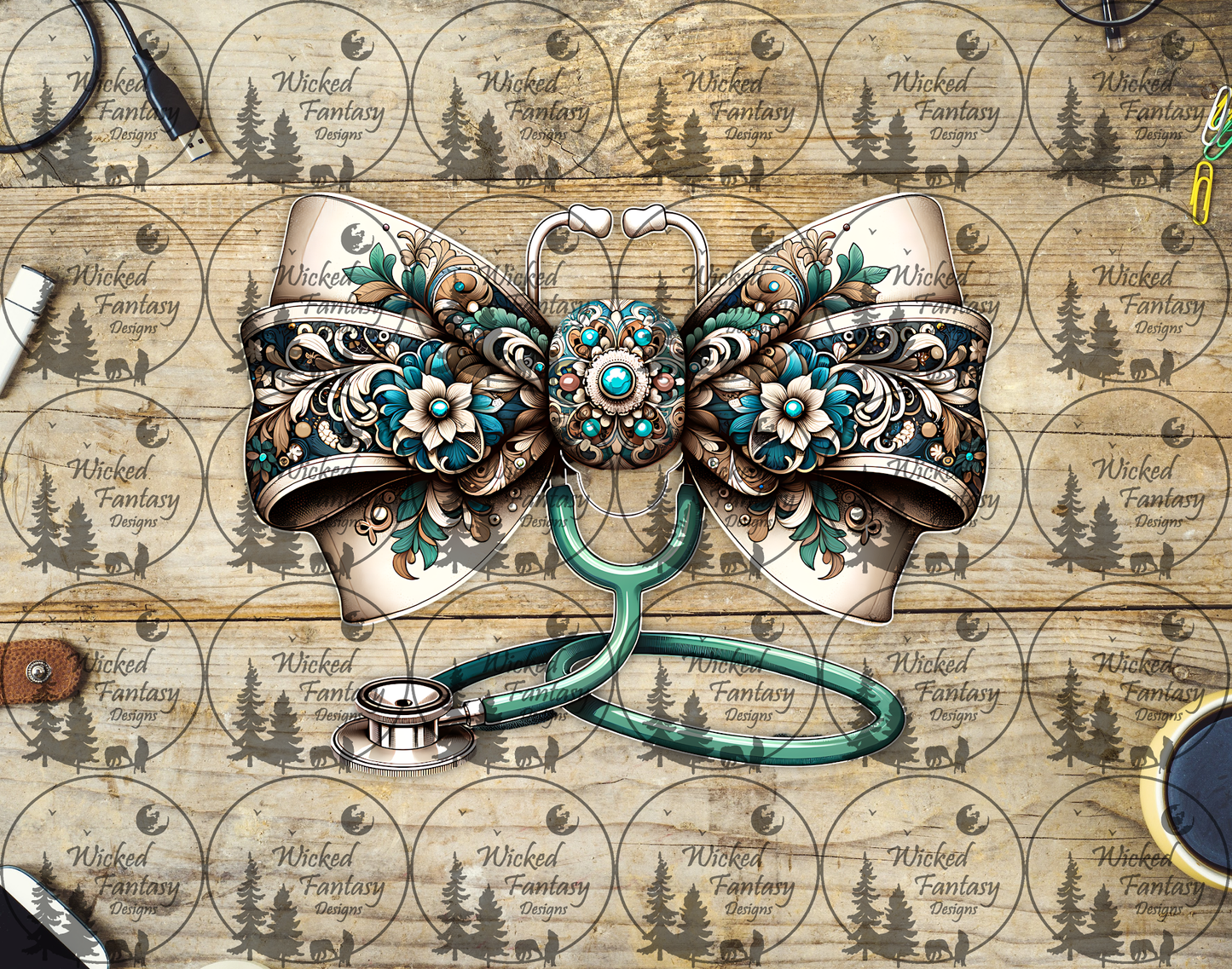 UVDTF Elaborate Bow with Teal Stethoscope