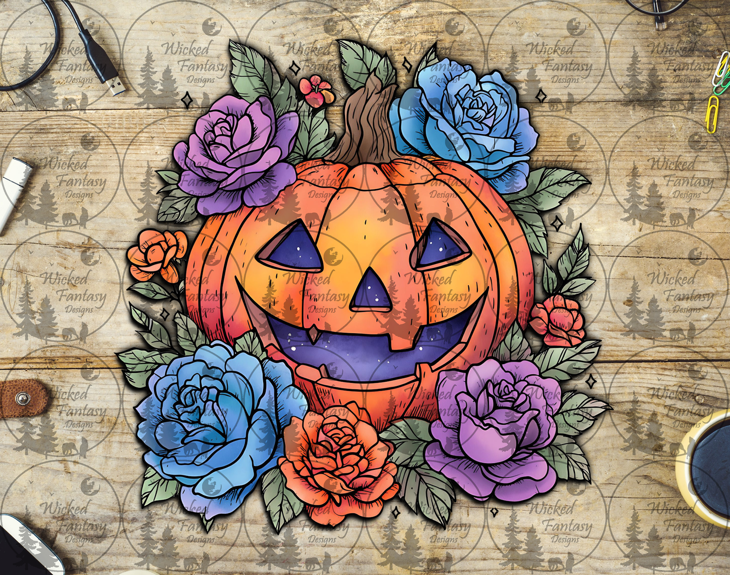 UVDTF Jack O Lantern with Pink and Purple Roses