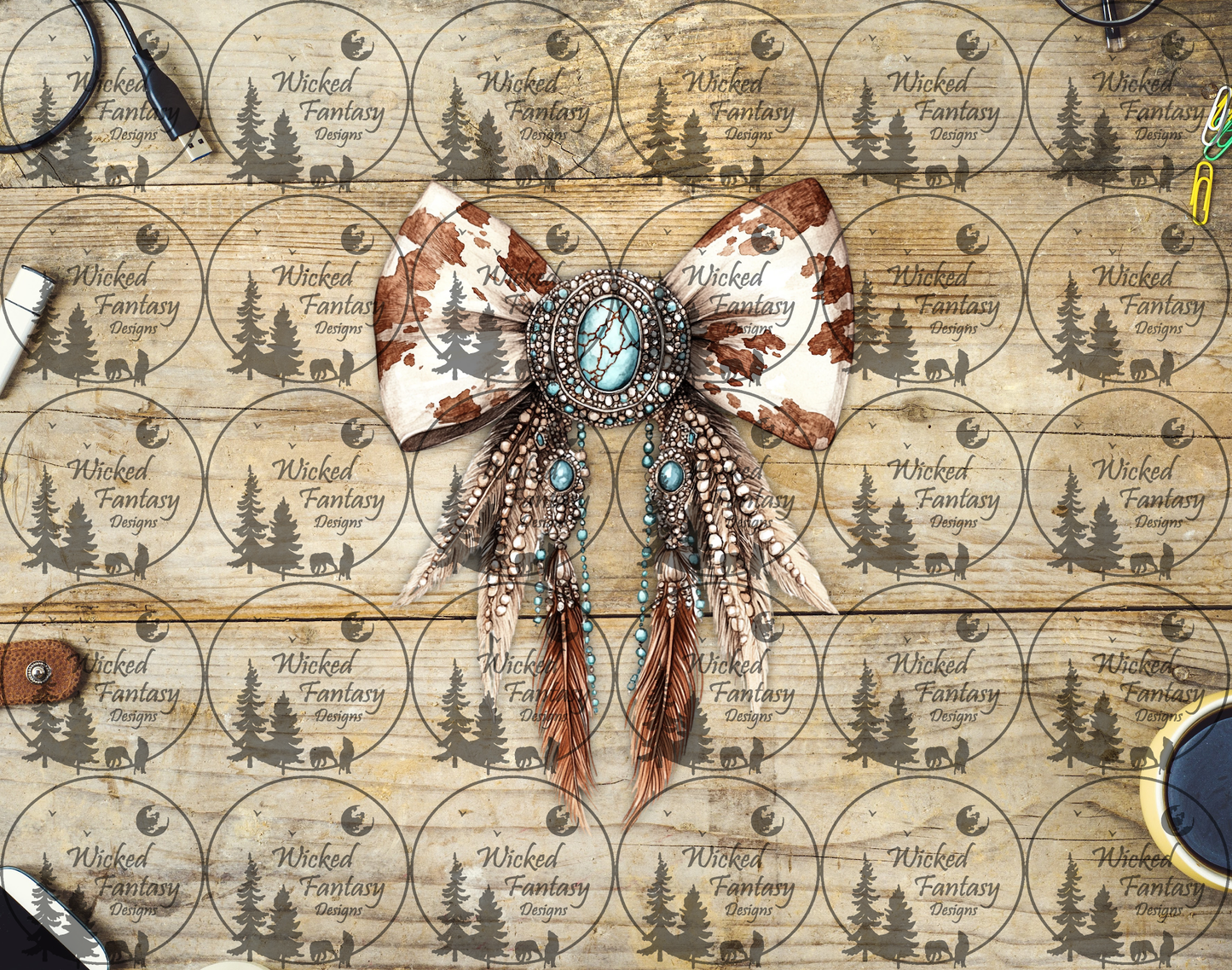 UVDTF Cow Print and Turquoise Concho Bow with Feathers and Beads