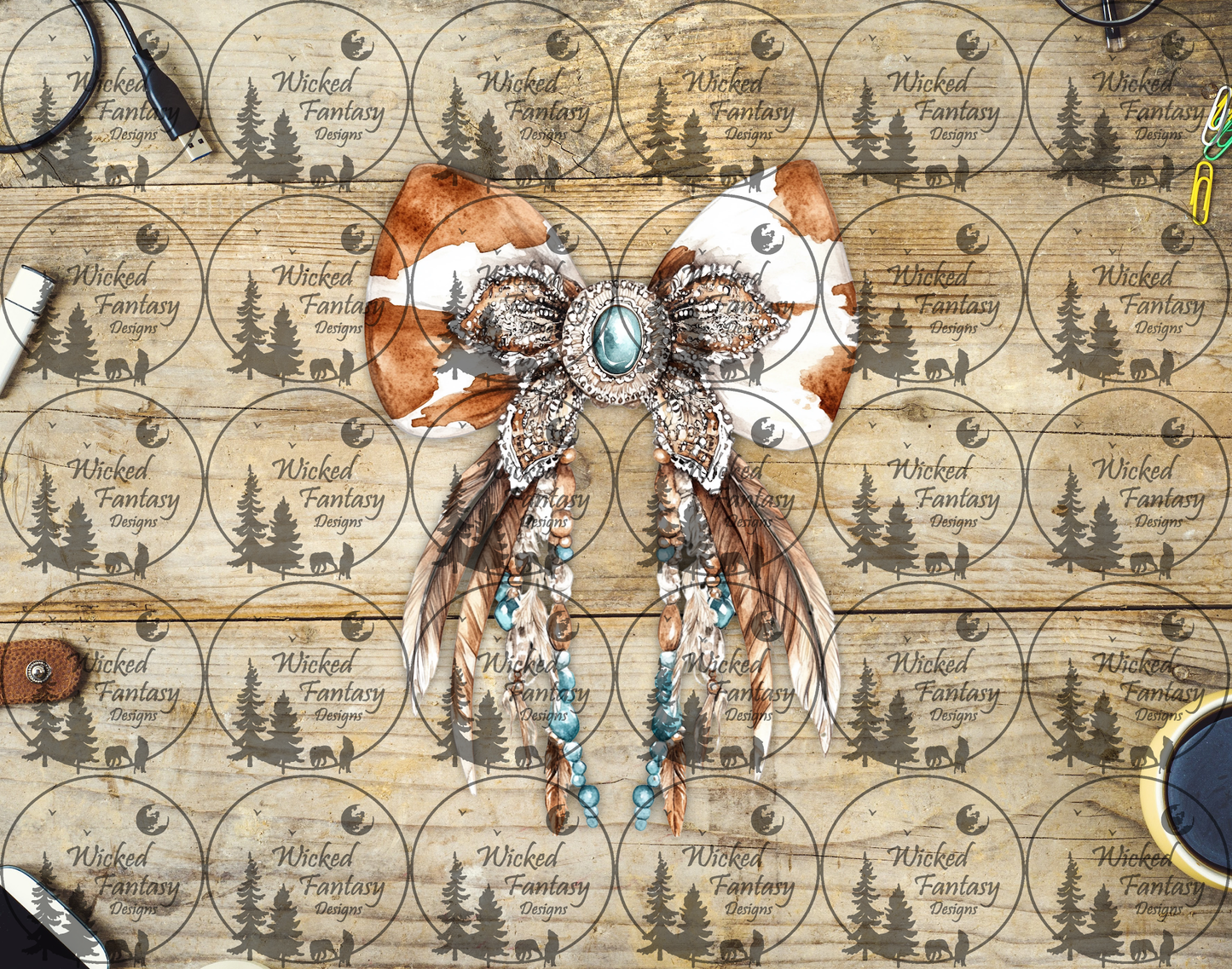 UVDTF Cow Print and Turquoise Concho Bow with Feathers