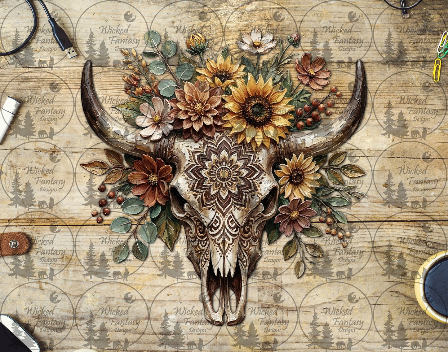 UVDTF Floral Cow Skull in Oil Impasto Style