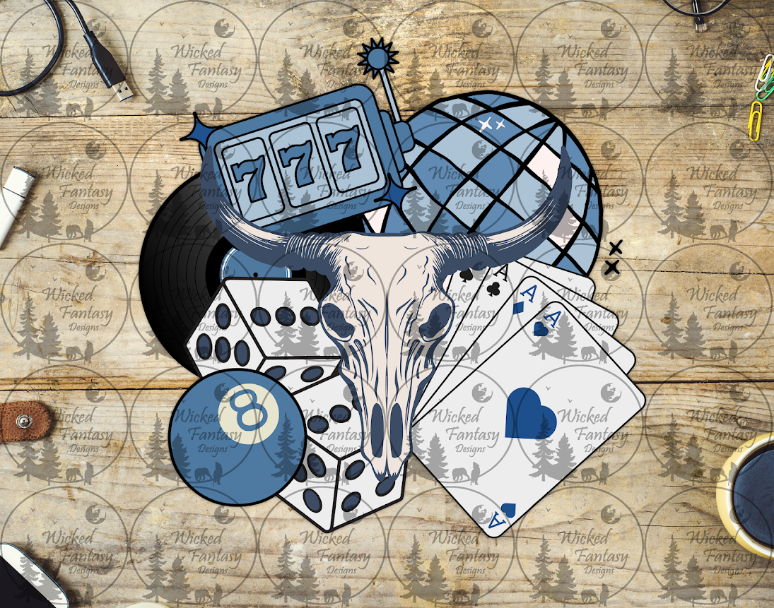 UVDTF Cow Skull with Dusty Blue Gambling