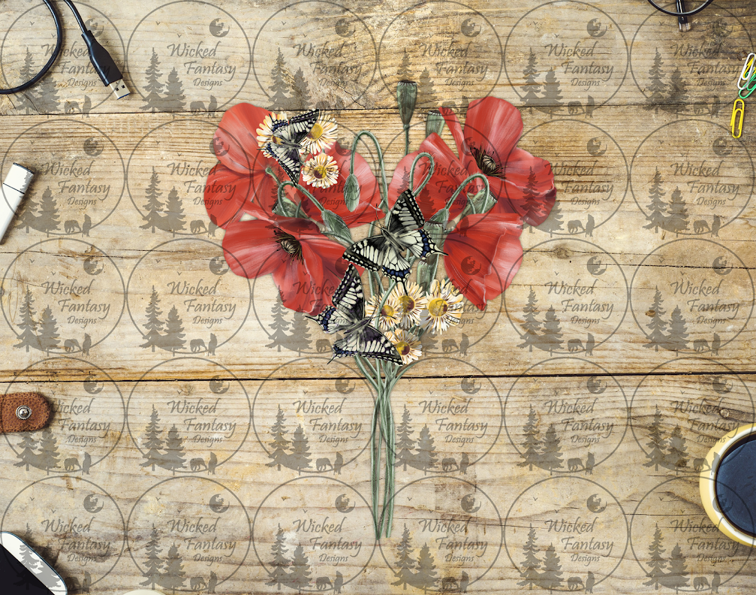 UVDTF Red Poppies Daisies and Butterflies