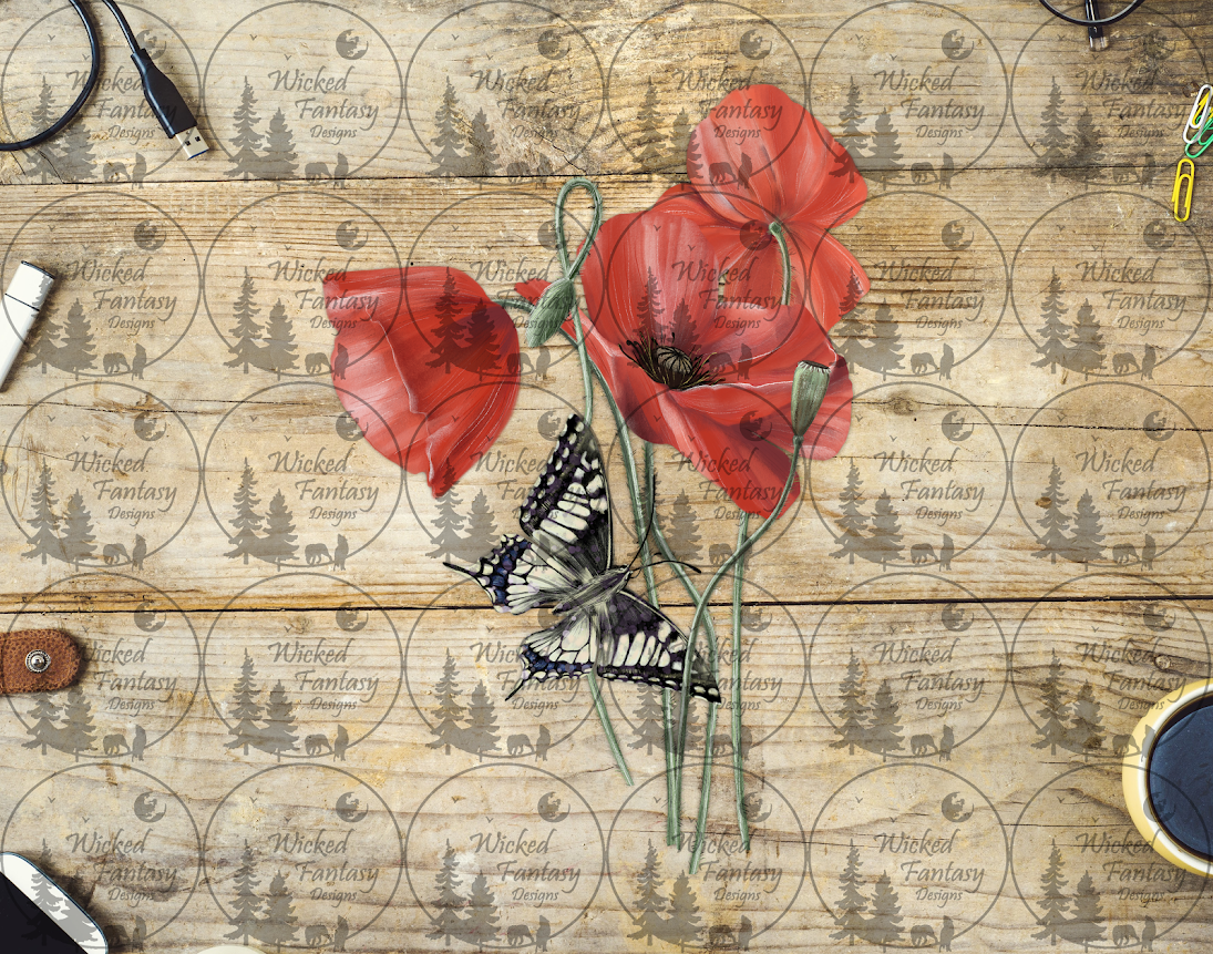 UVDTF Red Poppies and Butterfly