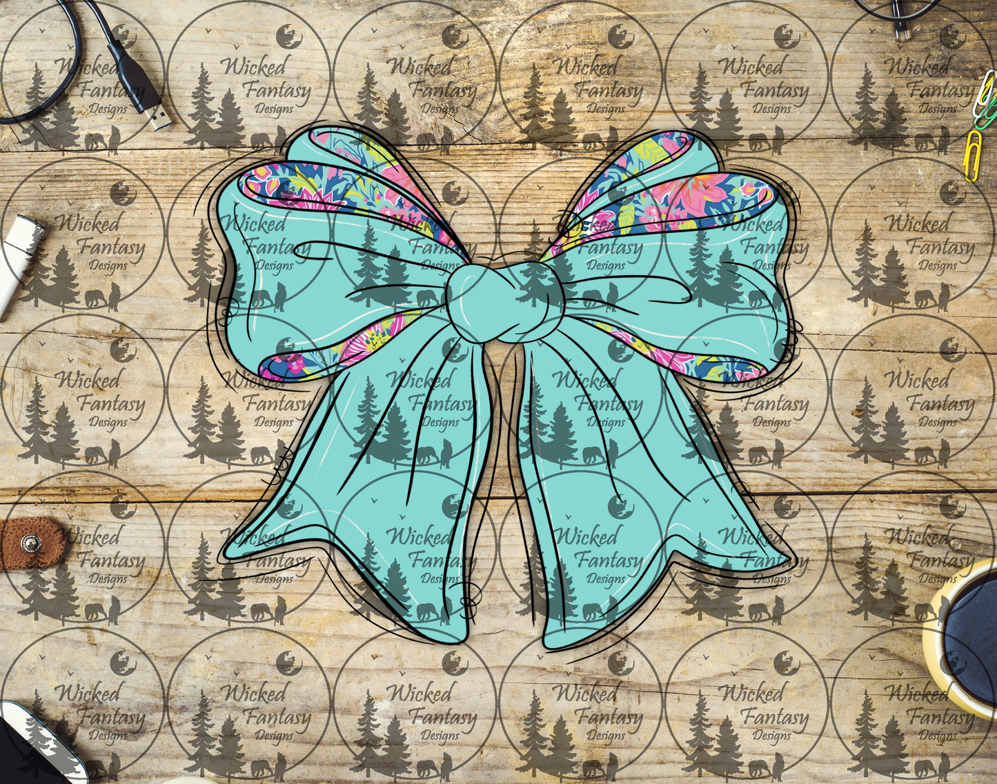 UVDTF Teal Bow with Bright Floral Print