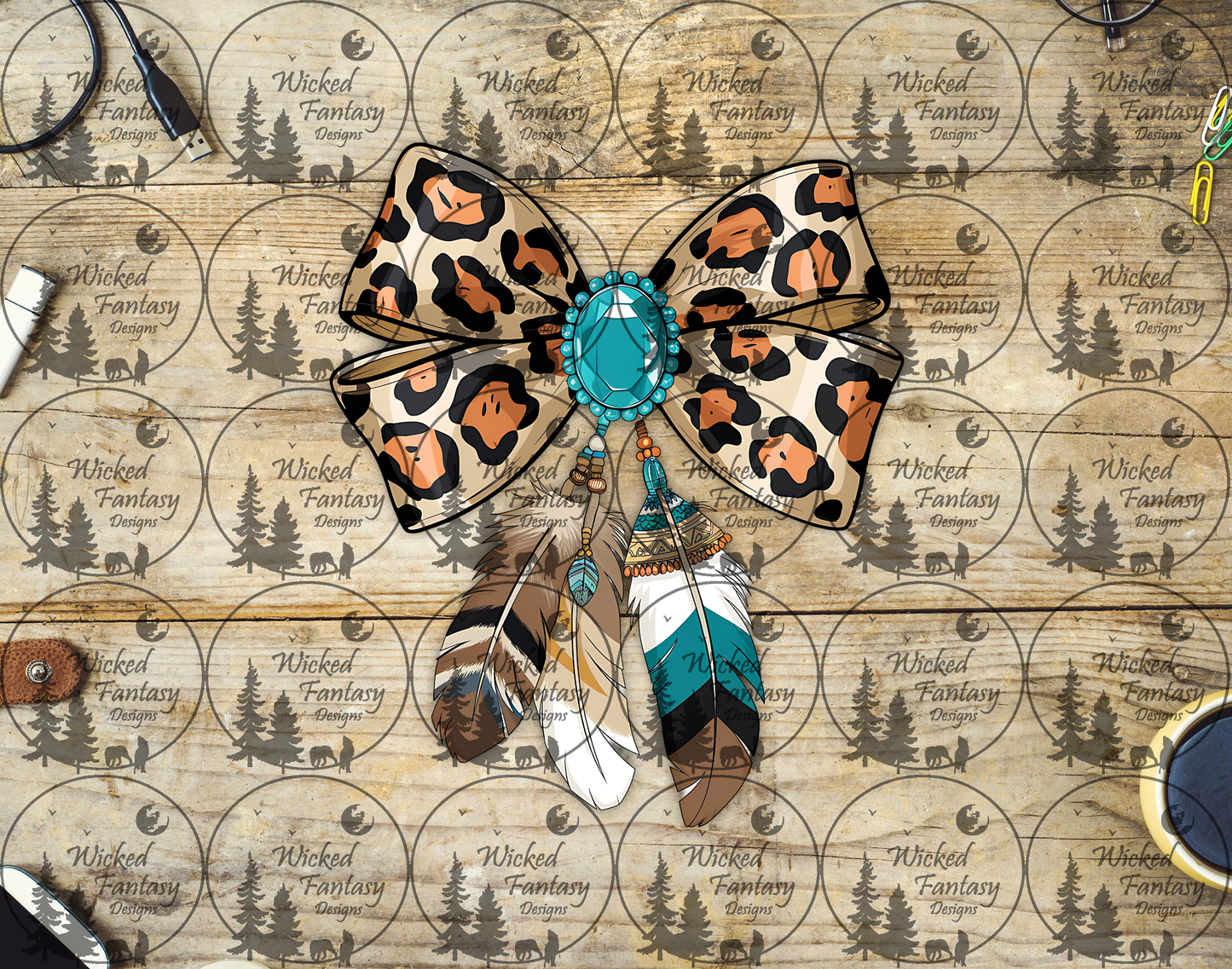 UVDTF Illustratred Leopard Print Bow with Feathers