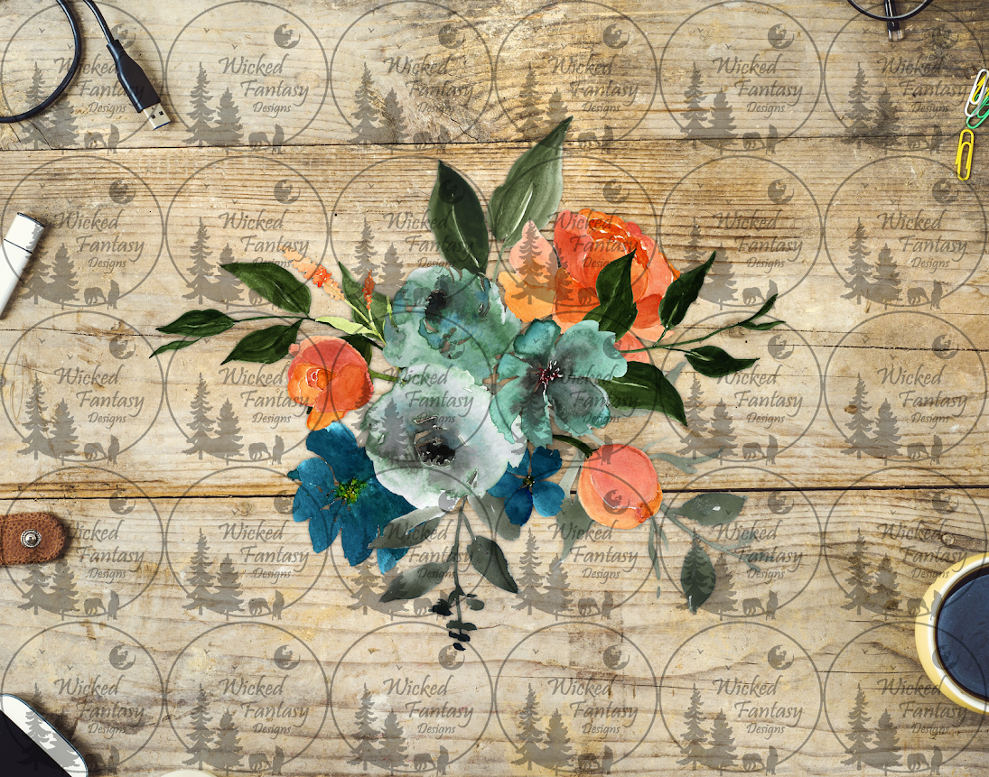 UVDTF Teal Blue Orange Watercolor Floral Arrangement